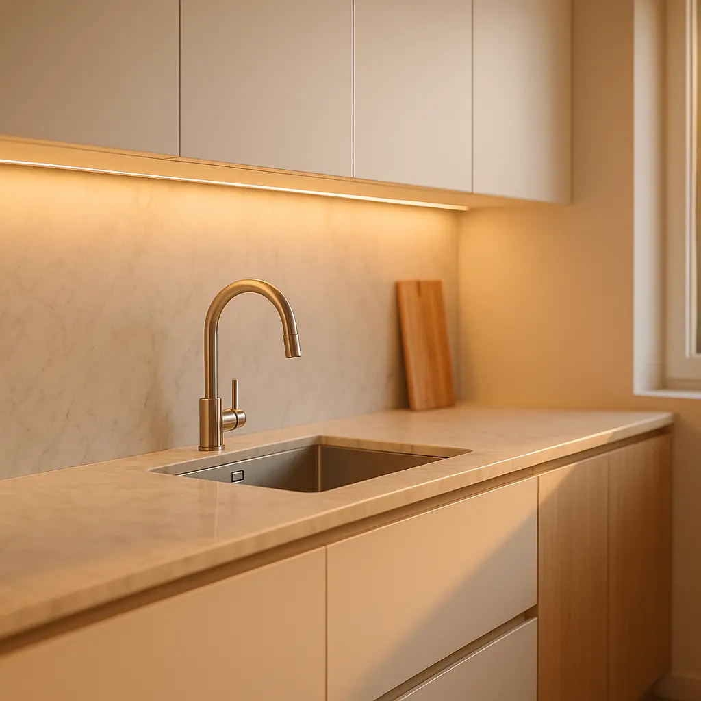 Une cuisine blanche et lumineuse avec des spots LED encastrés sous les meubles hauts, éclairant le plan de travail.