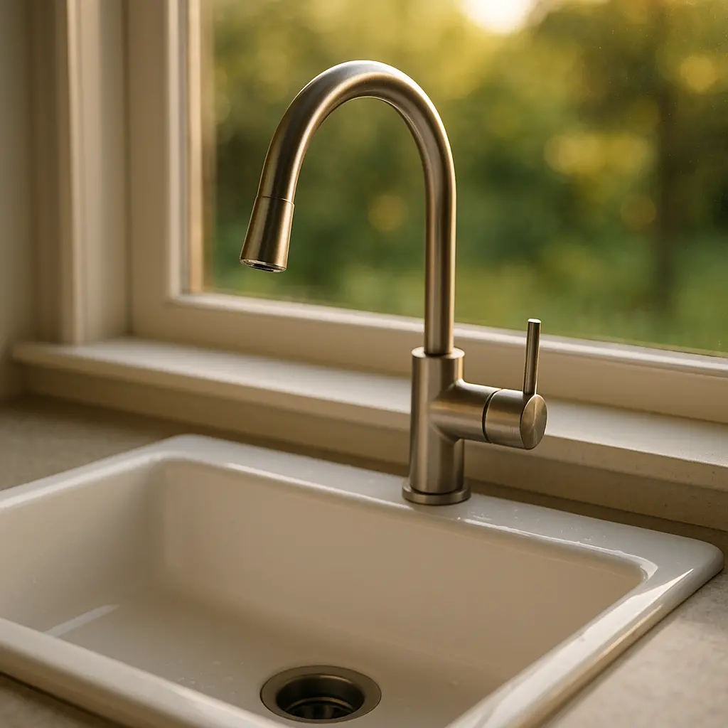 Un évier de cuisine en céramique blanche placé juste sous une fenêtre, avec un robinet design et une vue sur un jardin.