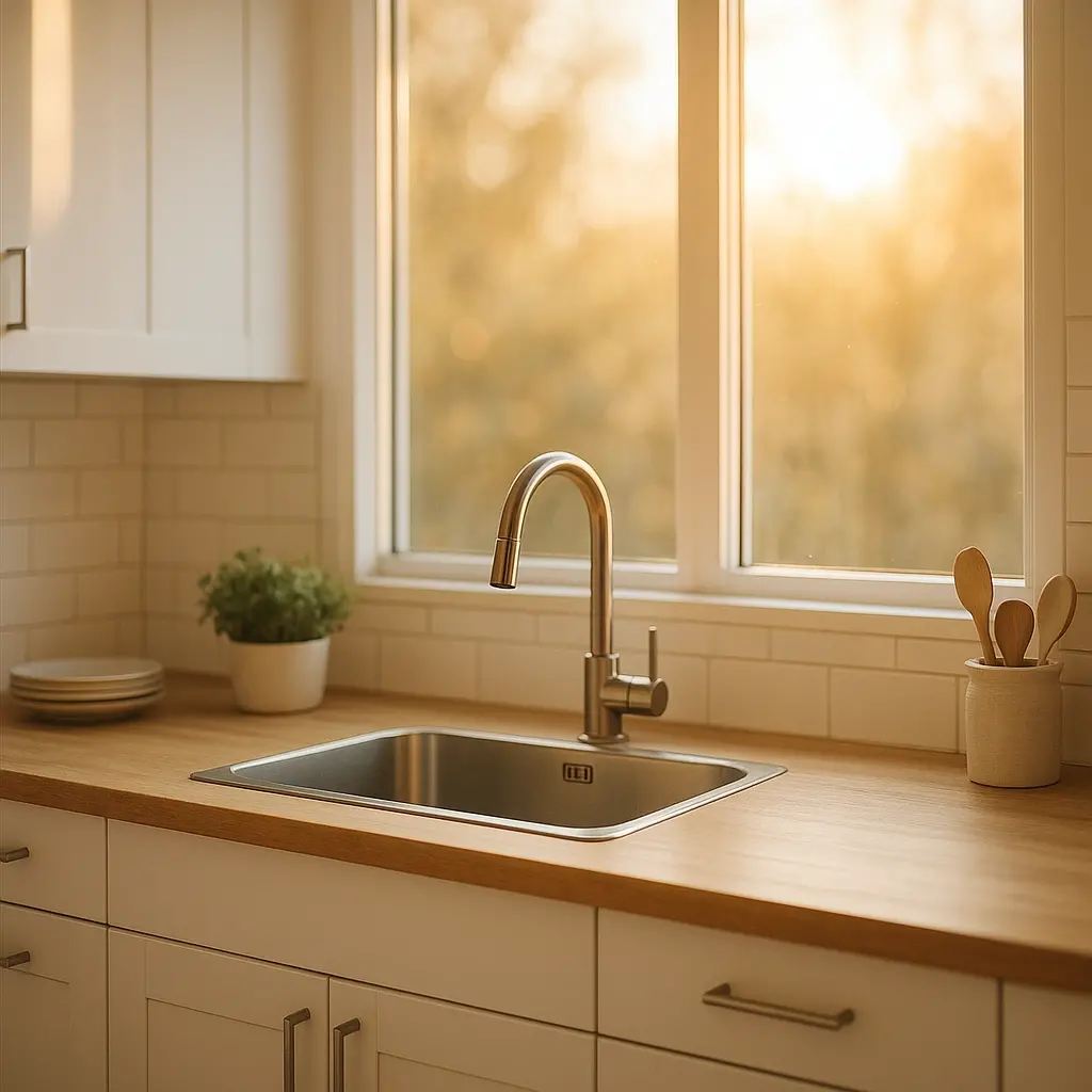 Une cuisine lumineuse avec des meubles blancs, un plan de travail en bois clair et une grande fenêtre au-dessus de l'évier.