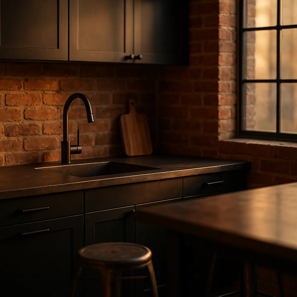 Une cuisine de style industriel avec un mur en briques, des meubles noirs et une grande fenêtre à carreaux noirs.