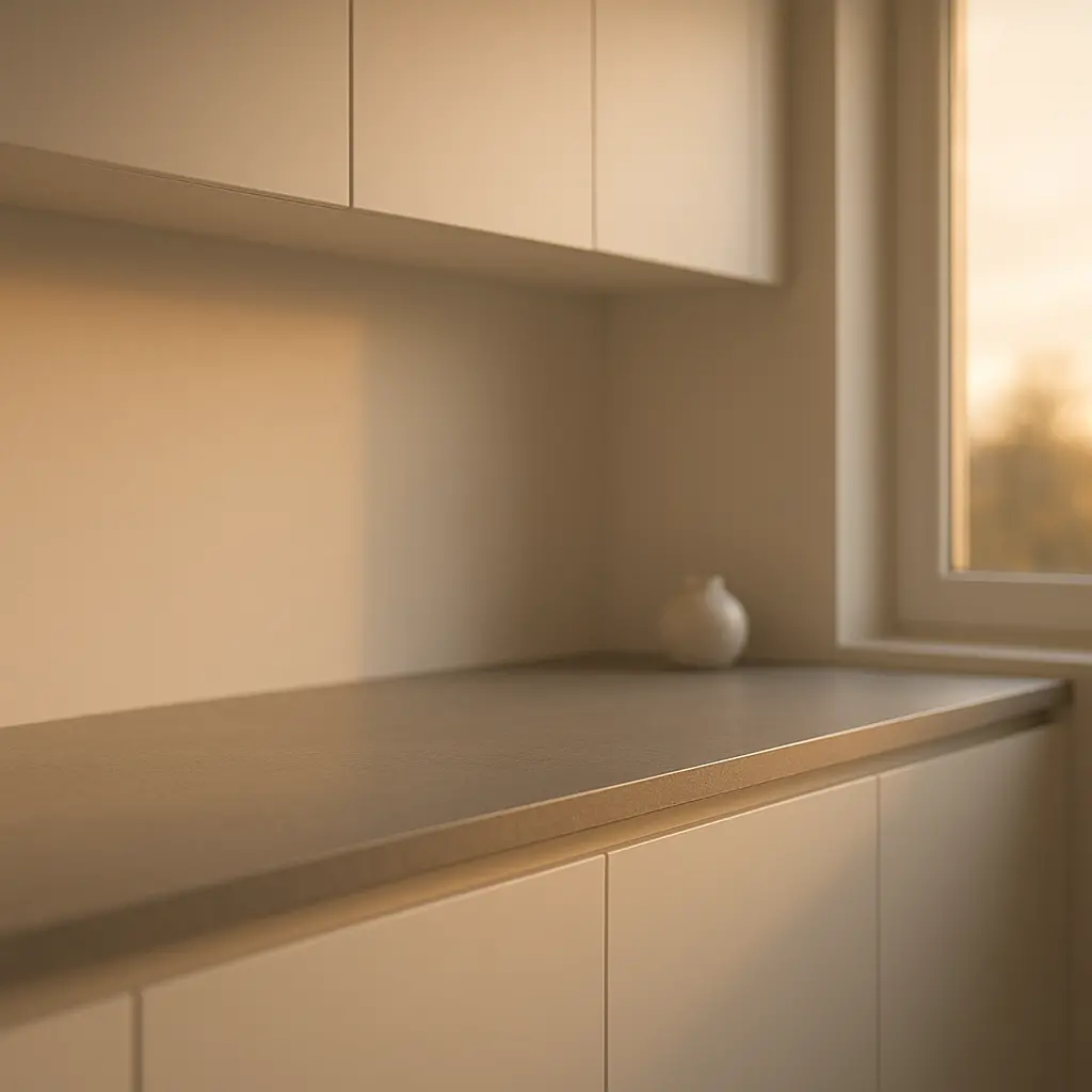 Une cuisine très épurée avec des façades blanches lisses, sans poignées, et un plan de travail gris très fin sous une fenêtre.
