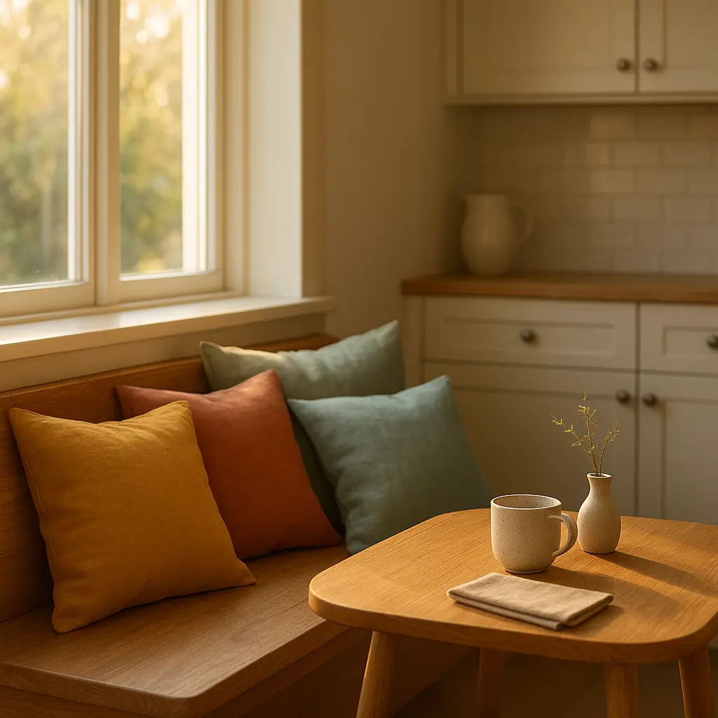 Une cuisine avec une banquette en bois et des coussins colorés, installée sous une fenêtre, avec une petite table devant.