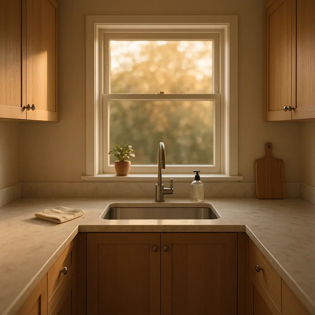 Une cuisine en forme de U au fond d'une pièce, avec l'évier placé sous la fenêtre qui se trouve au centre.