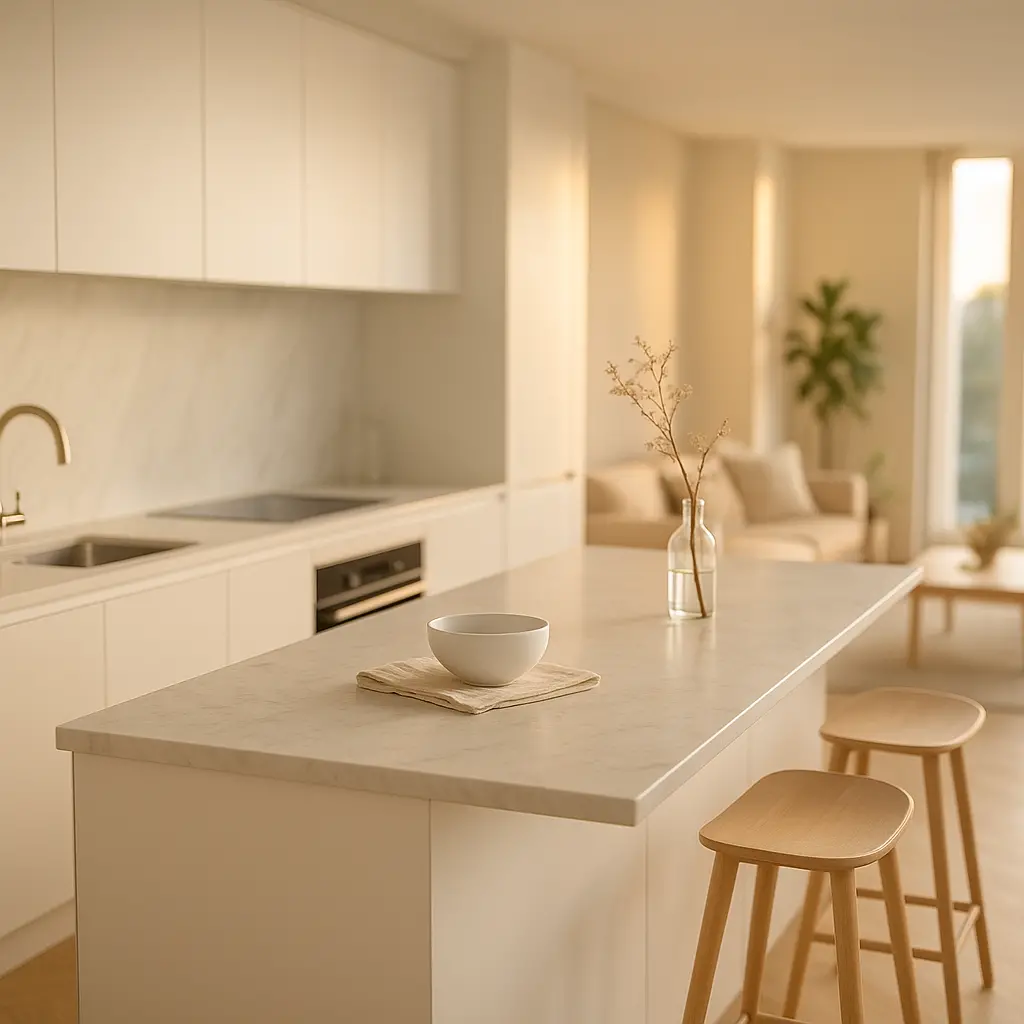 Une longue cuisine blanche ouverte sur un salon, la cuisine se terminant au niveau d'une grande fenêtre verticale.