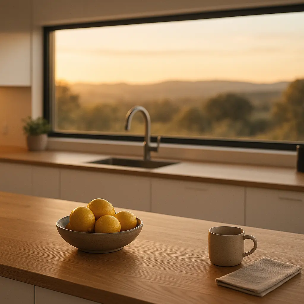 Une cuisine moderne avec une longue fenêtre horizontale panoramique offrant une vue dégagée sur un paysage de nature.