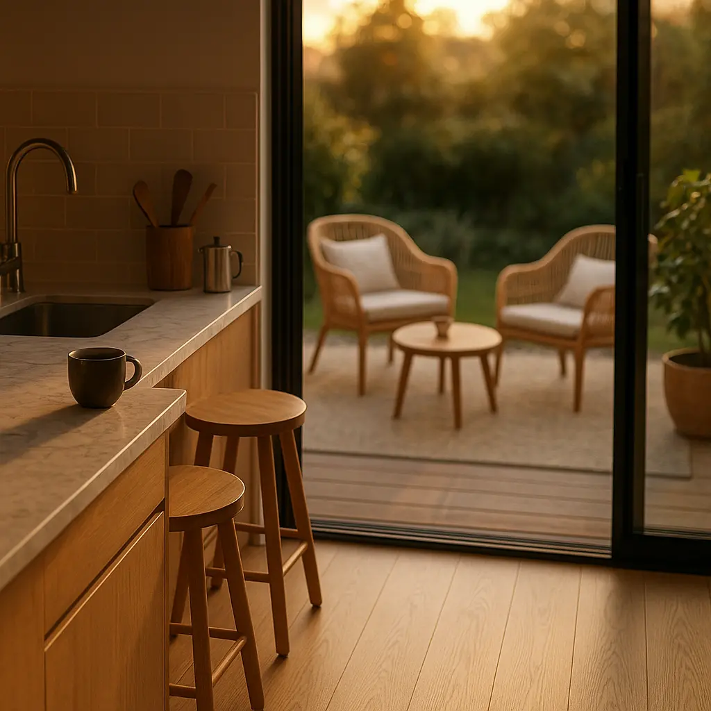 Une cuisine donnant sur une terrasse, avec une porte-fenêtre en verre ouverte, laissant entrevoir un petit salon de jardin.