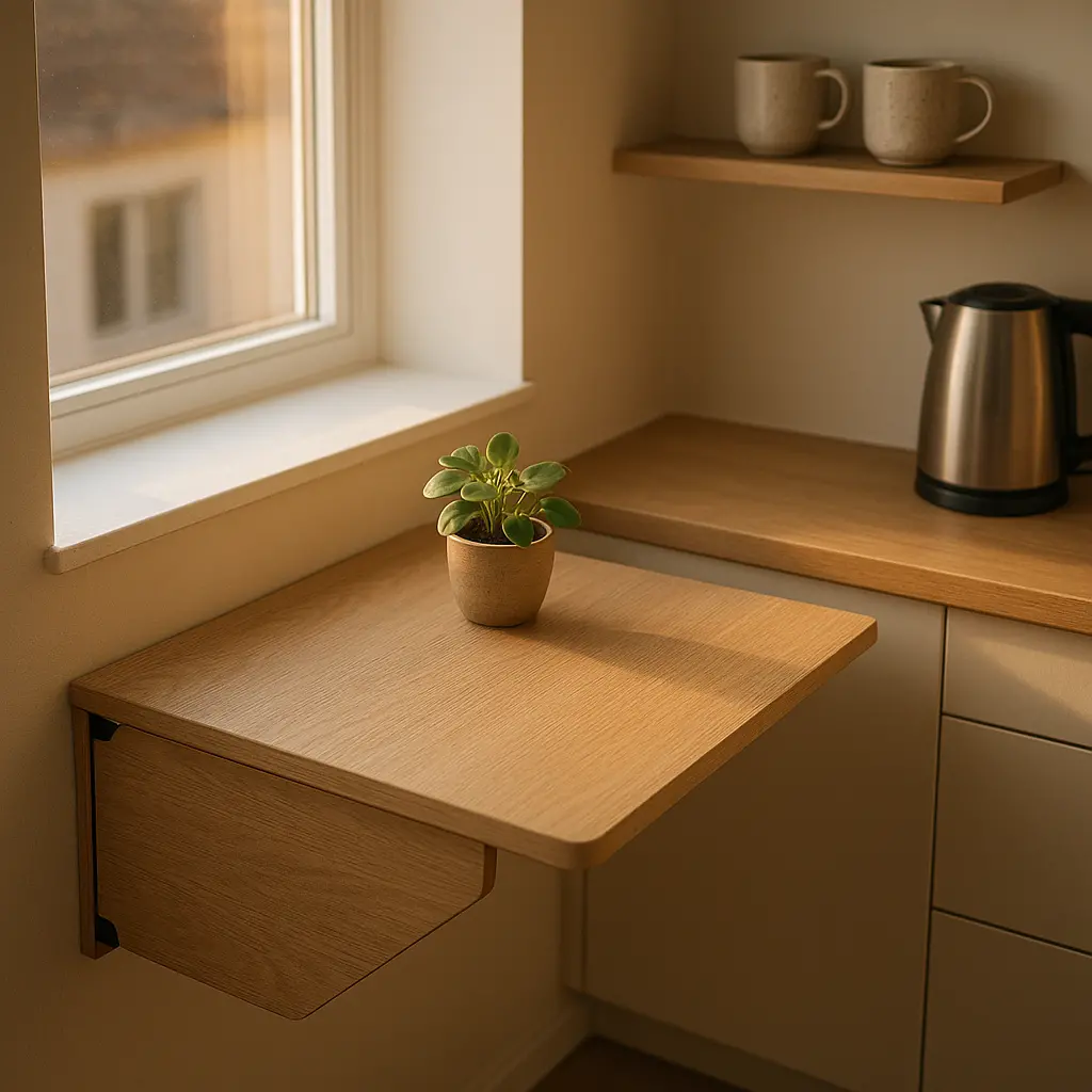 Un bureau mural en bois clair, replié contre le mur sous une fenêtre, dans une cuisine compacte et bien rangée.