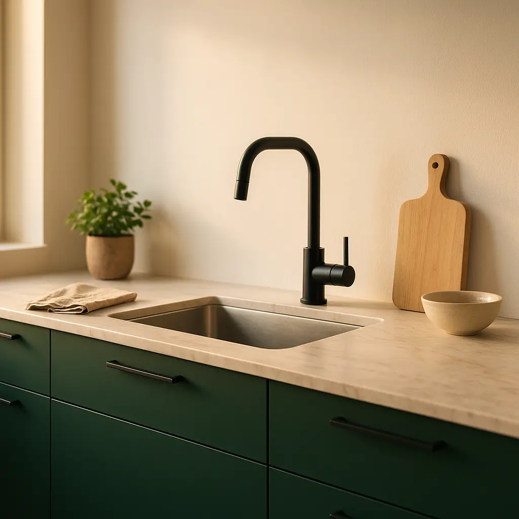 Une cuisine avec des meubles bas d'un vert sapin intense, des murs blancs et un plan de travail en marbre clair.