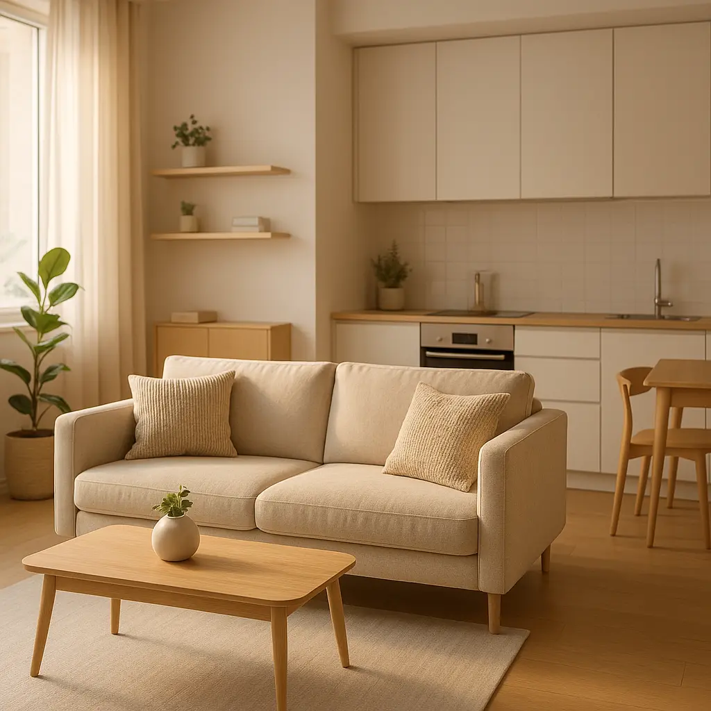 Un petit appartement moderne et lumineux, parfaitement organisé pour paraître plus grand, avec une ambiance chaleureuse et épurée.