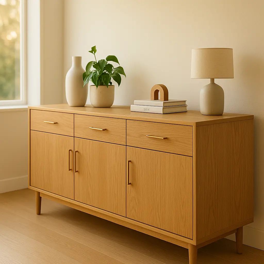 Un buffet de salle à manger moderne et élégant, mis en valeur dans un intérieur lumineux et épuré.