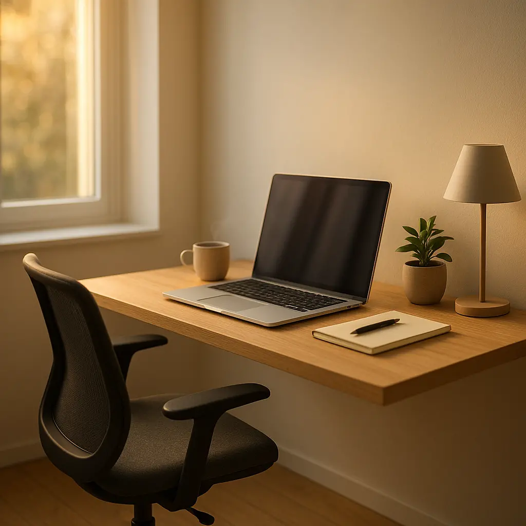 Espace de travail à domicile moderne et lumineux, centré sur un bureau mural en bois épuré avec un ordinateur portable.