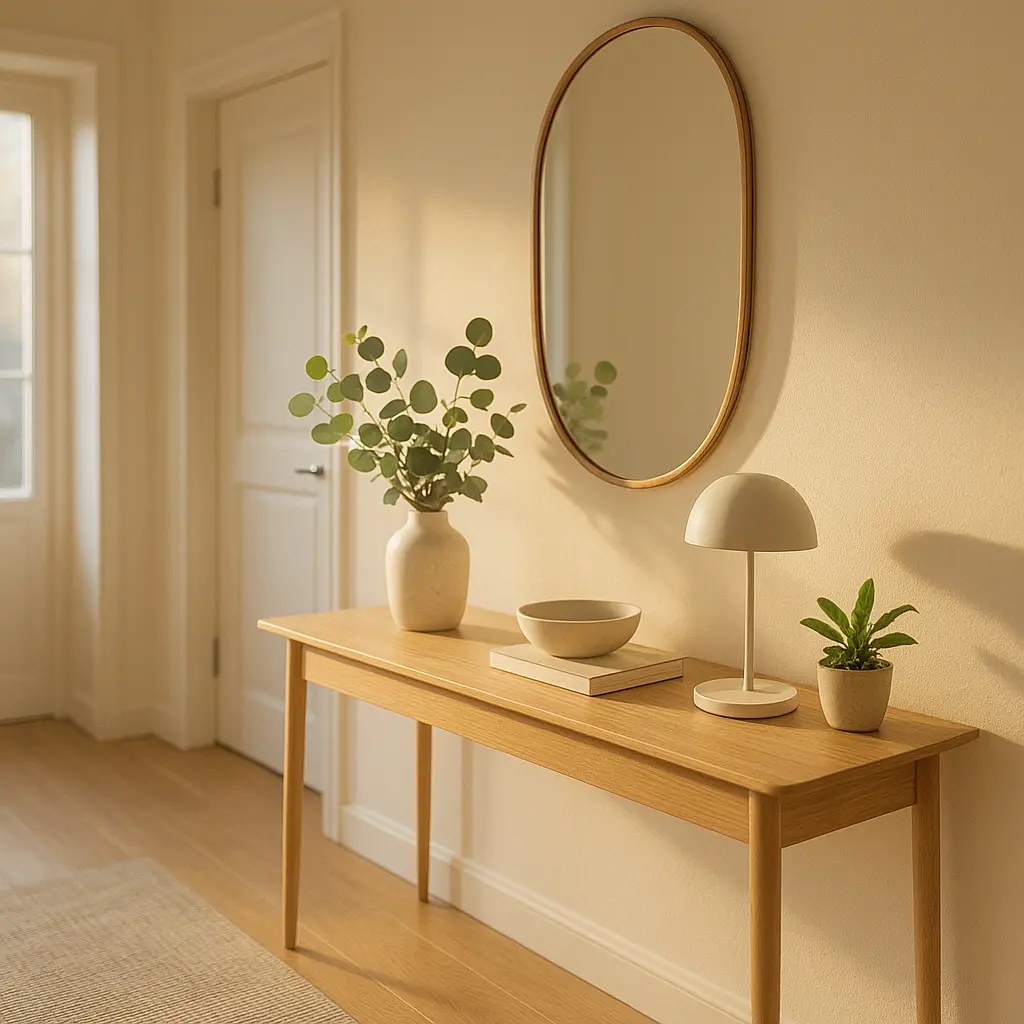 Un couloir d'entrée lumineux et accueillant, meublé avec une console élégante, un grand miroir et quelques décorations épurées.