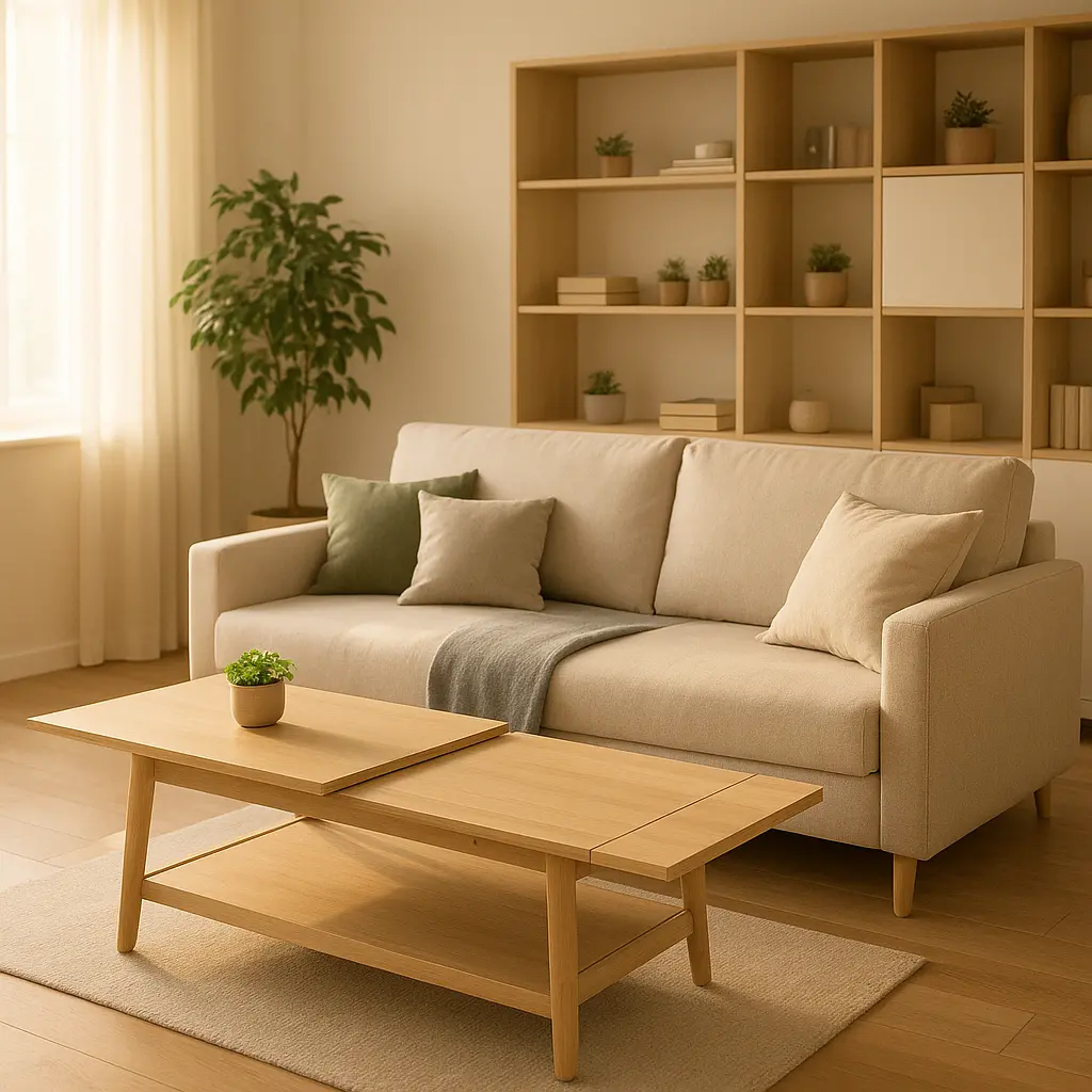 Petit salon moderne et lumineux, parfaitement optimisé avec des meubles intelligents et transformables, style photographie d'intérieur professionnelle et épurée.