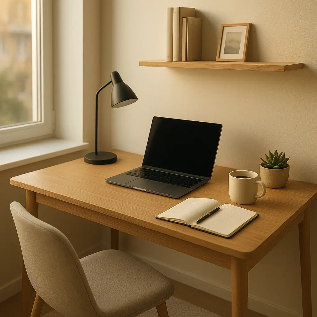 Un bureau compact et fonctionnel, parfaitement intégré dans un petit espace de vie lumineux. Style minimaliste, atmosphère de travail sereine.