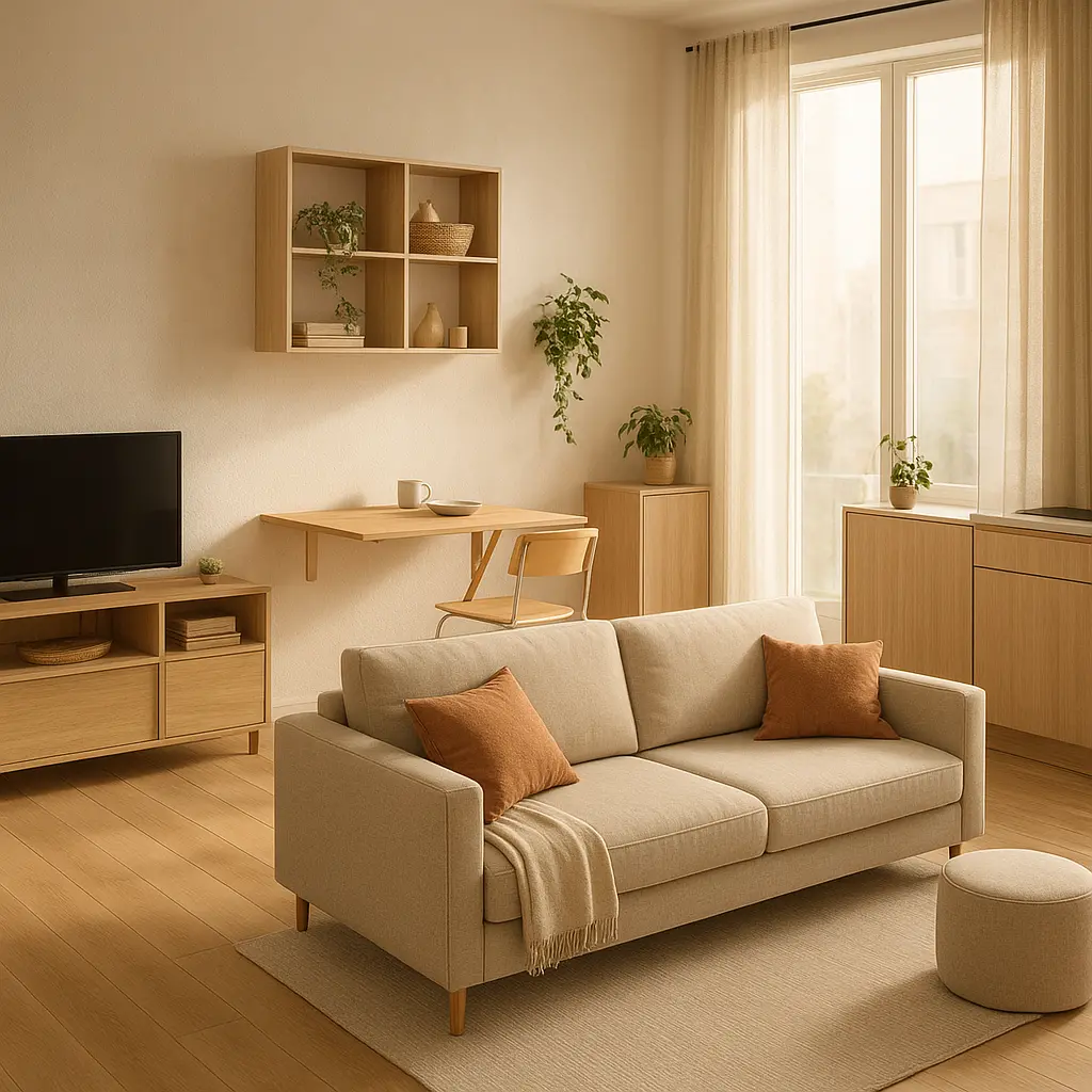 Un studio moderne et lumineux, parfaitement optimisé grâce à un mobilier ingénieux et multifonctionnel, créant un espace de vie aéré.