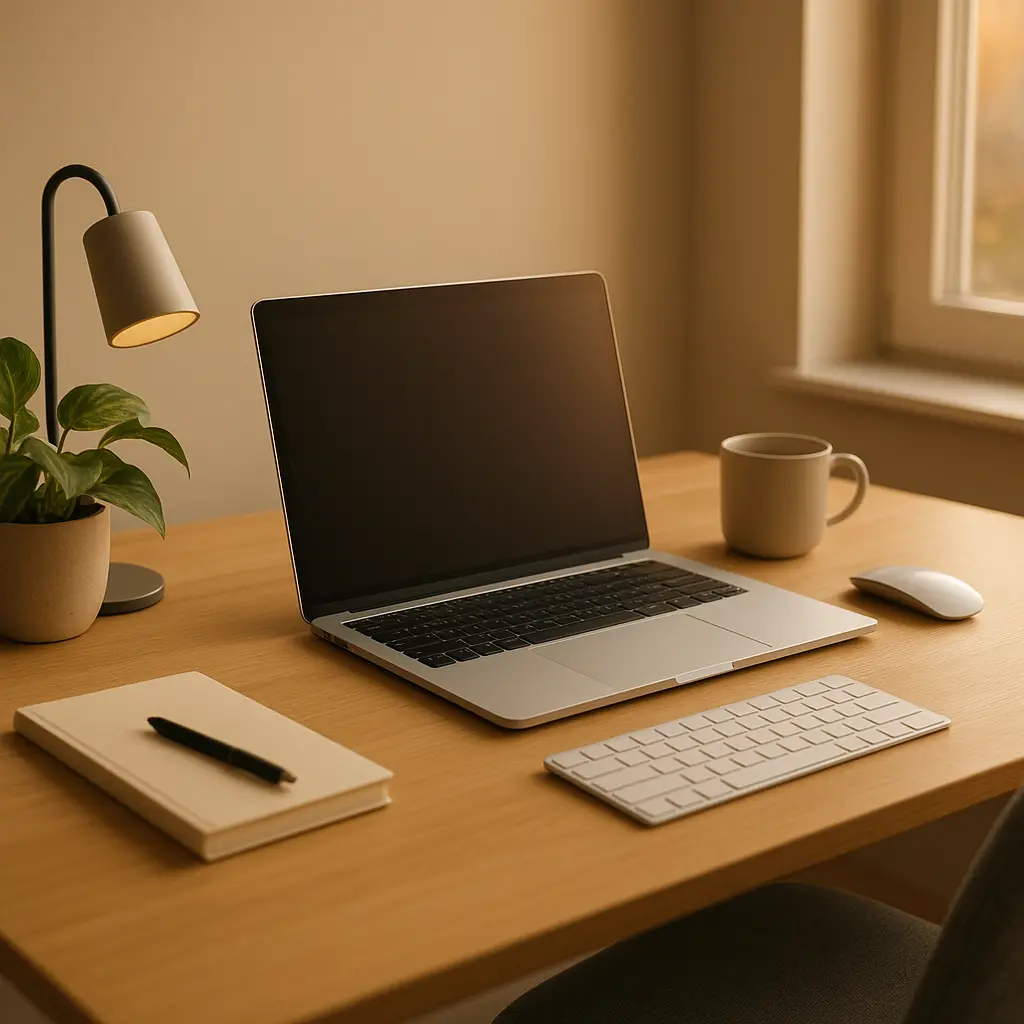 Bureau à domicile lumineux et moderne, espace de télétravail organisé, ordinateur portable, chaise confortable, ambiance professionnelle, réaliste et inspirante.