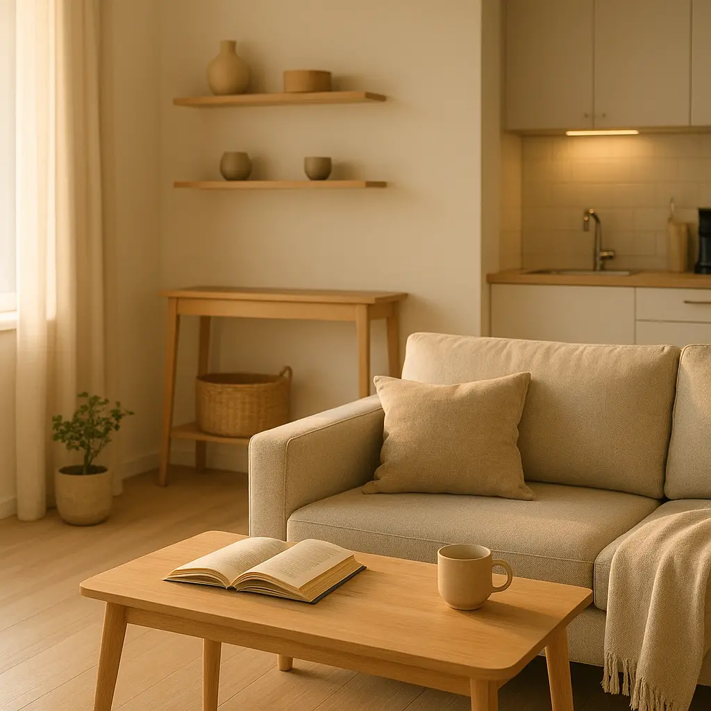 Petit appartement lumineux et bien rangé, meubles multifonctions, étagères discrètes, paniers de rangement, ambiance moderne, réaliste et accueillante.