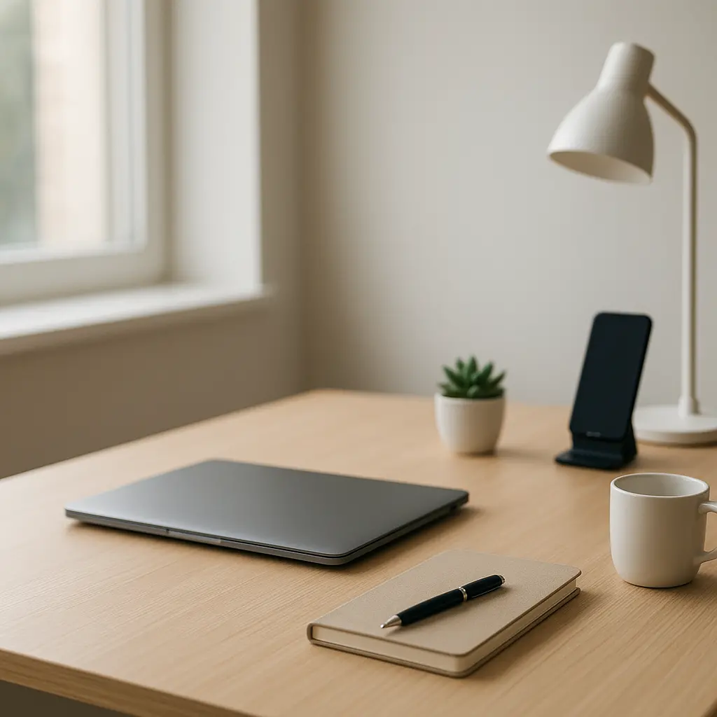 Bureau moderne parfaitement rangé, accessoires organisés, espace dégagé, lumière naturelle, ambiance professionnelle, style réaliste et inspirant.