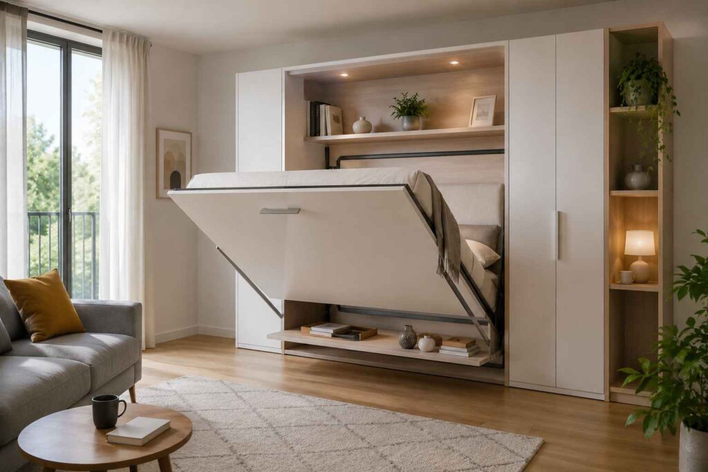 Démonstration en image de comment fonctionne un lit armoire au quotidien avec un sommier escamotable à mi-hauteur lors de son ouverture dans un salon.