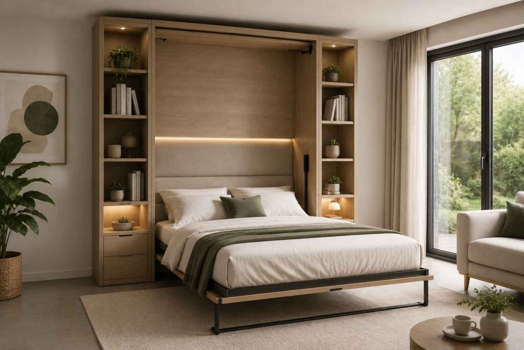 Un lit escamotable haut de gamme ouvert avec tête de lit capitonnée grise et étagères intérieures rétroéclairées, proposé par Kamazza pour votre lit escamotable.