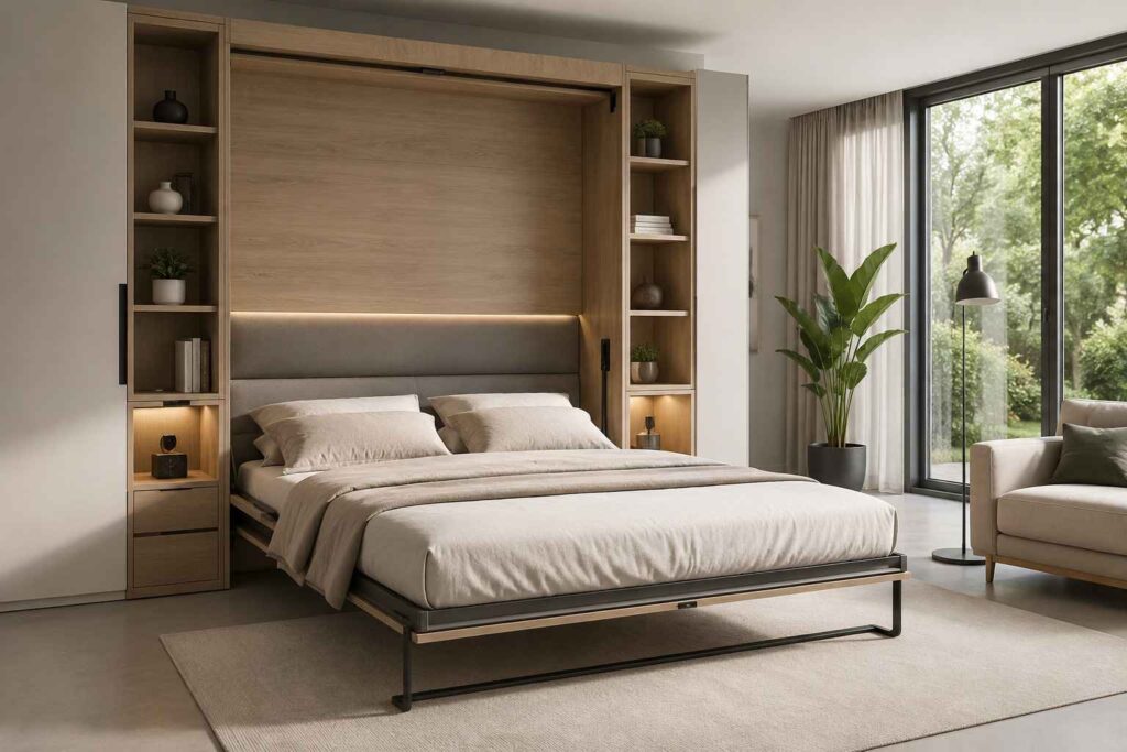 Un lit escamotable 160x200 déplié dans une chambre moderne avec des rangements en bois clair et un éclairage LED intégré.