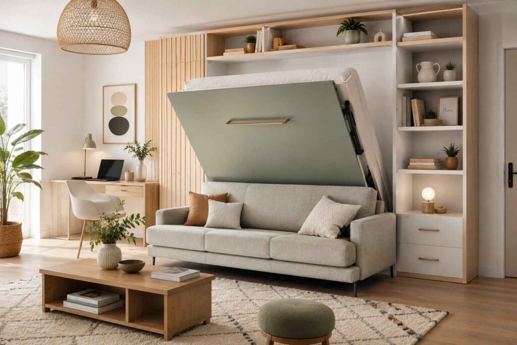 Un lit escamotable avec canapé intégré en bois clair et façade vert sauge, présenté à mi-ouverture dans un salon moderne et chaleureux.