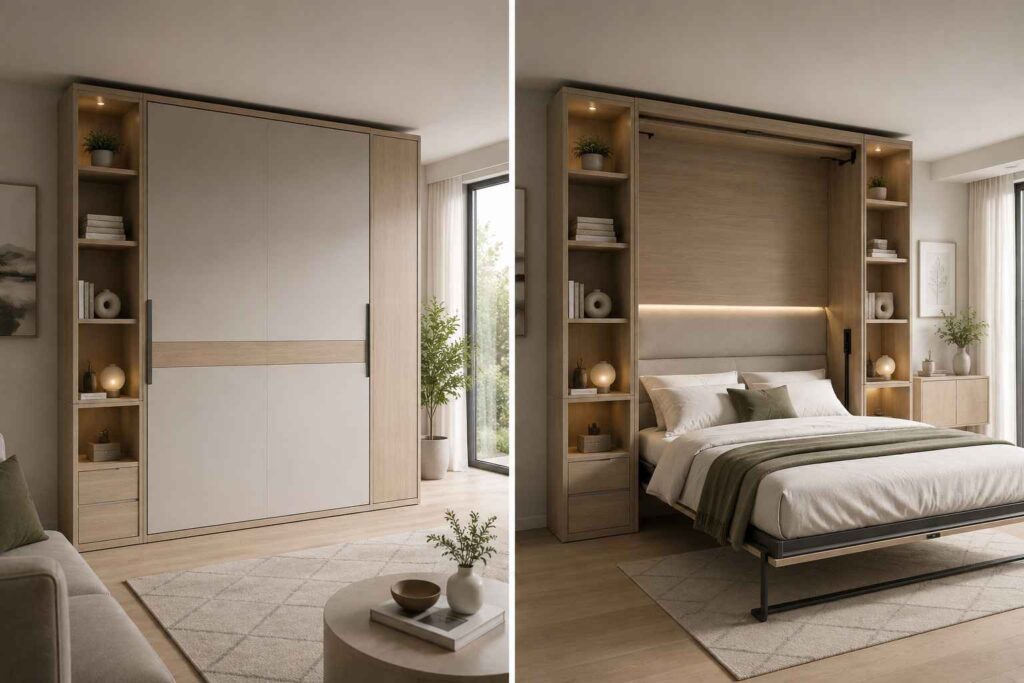 Une comparaison côte à côte montrant un lit escamotable vertical ou horizontal en position fermée (aspect armoire) et en position ouverte (lit fait).
