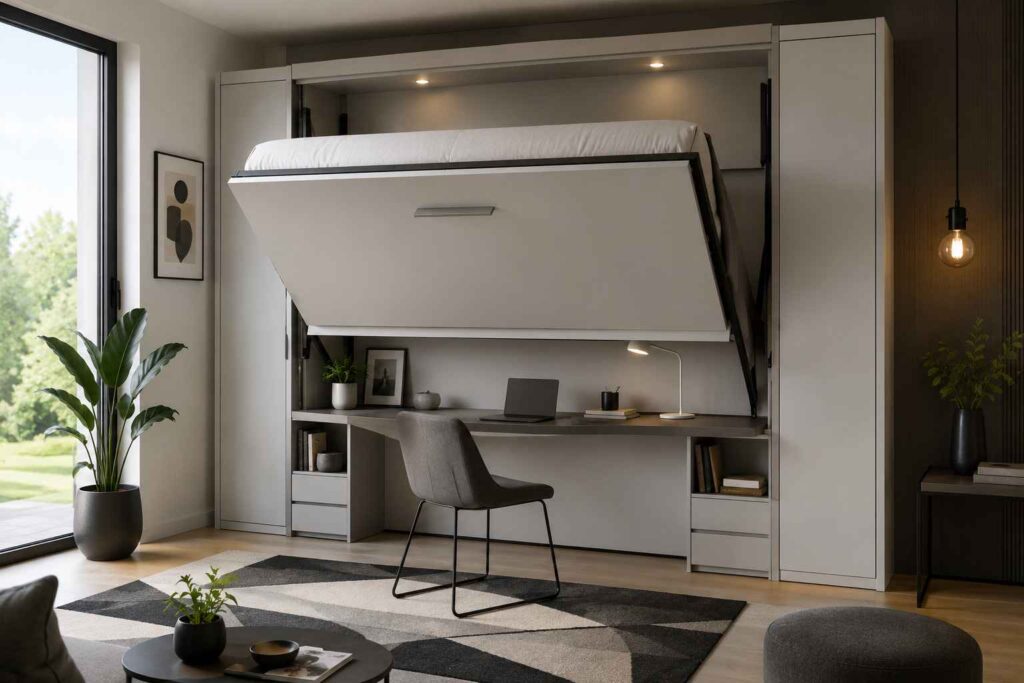 Un système de lit escamotable moderne et gris, à moitié déployé, révélant un espace de bureau dessous avec un ordinateur portable et une chaise. Le meuble est encadré par des armoires et des plantes. Ce visuel aide à déterminer quel lit armoire choisir pour un studio ou un bureau multifonction.