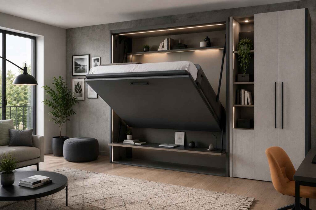 Un lit escamotable gris anthracite en cours de déploiement au-dessus d'un bureau, illustrant comment choisir le bon lit escamotable pour optimiser un studio.