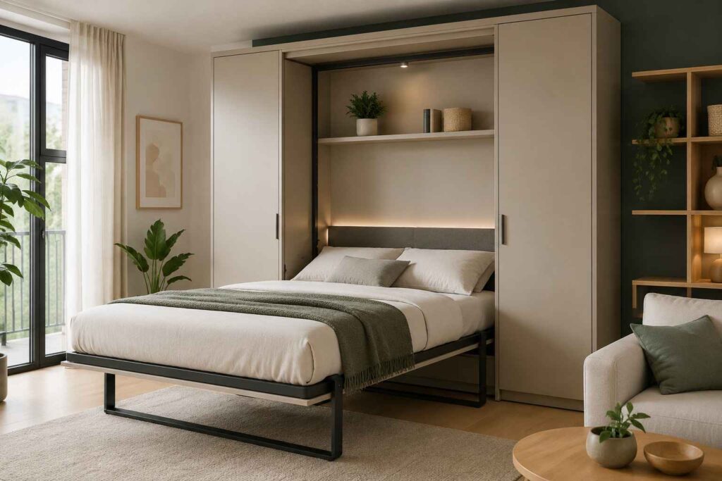 Un lit armoire moderne déplié dans un salon contemporain, encadré de rangements intégrés beige et d'une étagère décorative en bois.