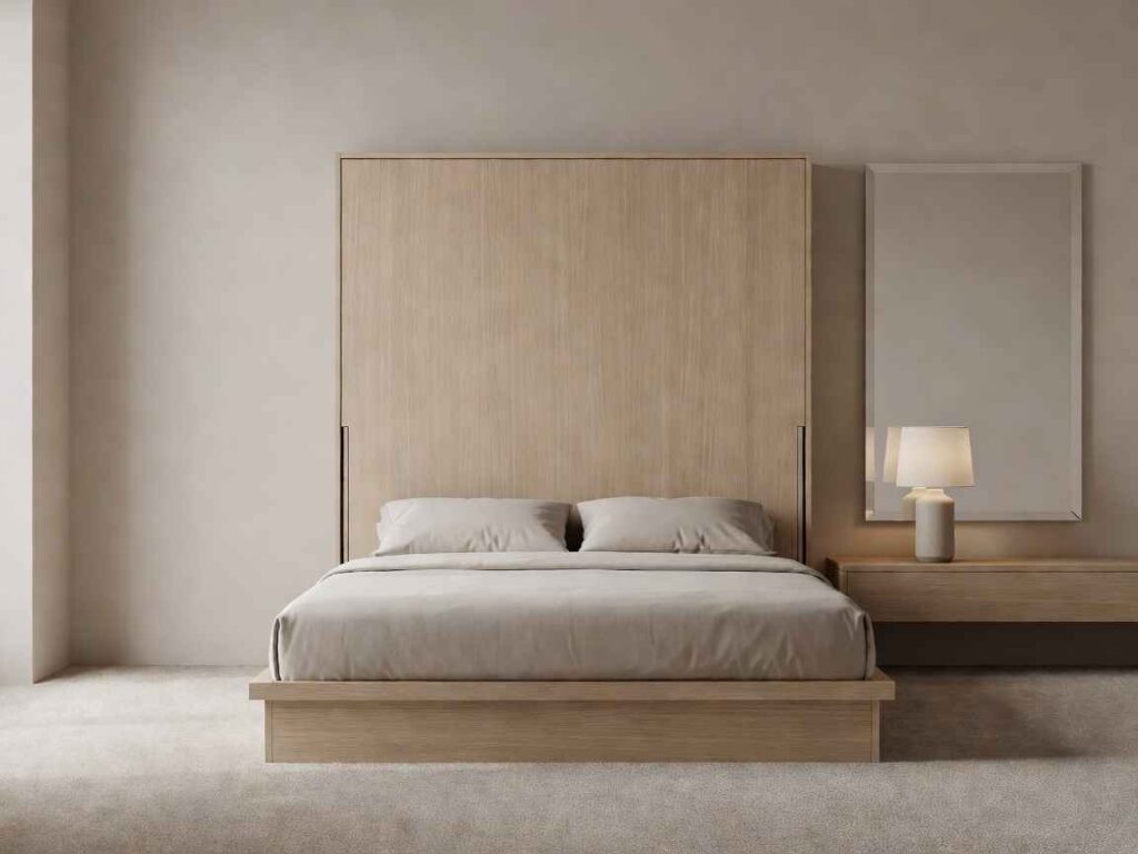 Lit escamotable 140x200 ouvert dans un meuble mural en bois clair texturé, avec linge de lit gris, à côté d'une lampe de table et d'un miroir dans une chambre minimaliste.