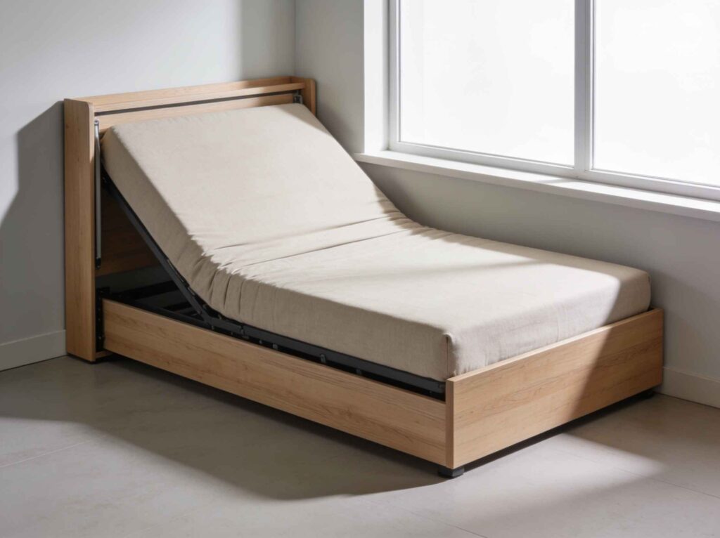 Un lit de repos compact en bois clair, avec matelas beige et tête de lit relevée pour la relaxation, placé près d'une fenêtre lumineuse. Une solution ingénieuse pour optimiser l'espace, à l'instar des lits escamotables en 140 pour chaque mètre carré.