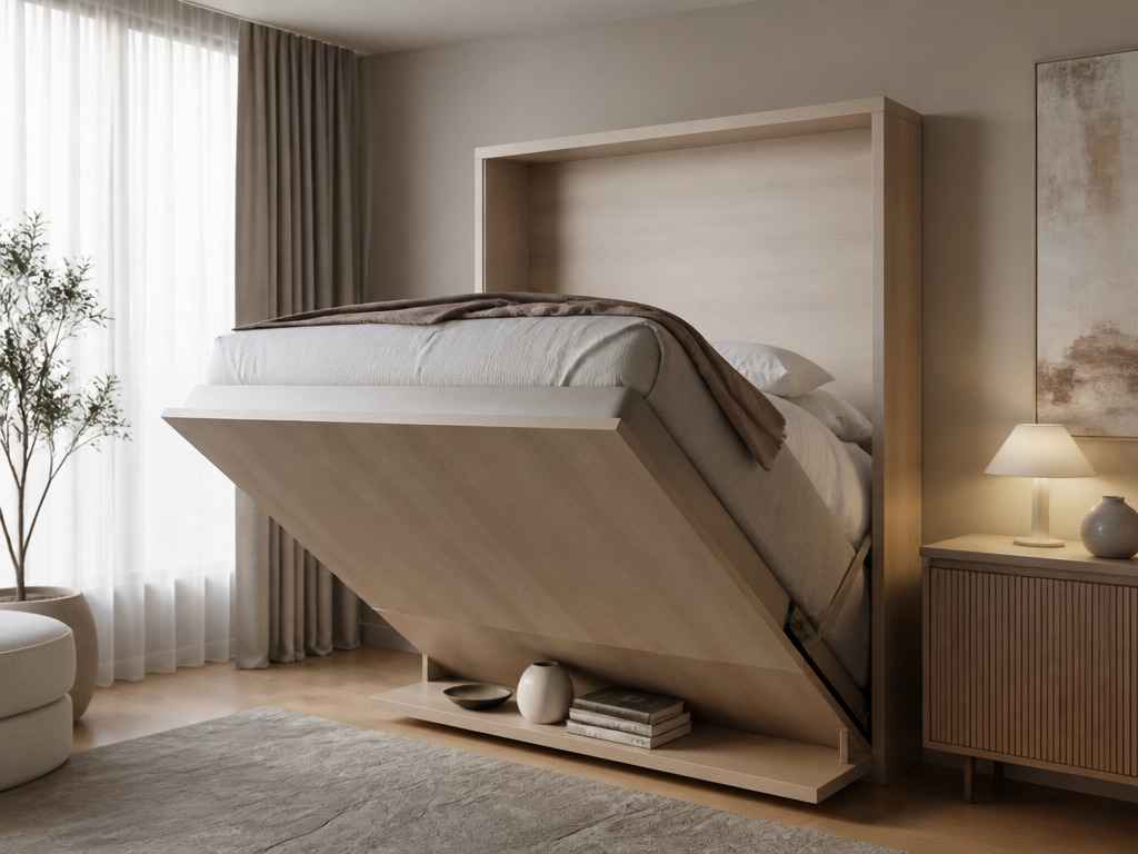 Démonstration du mécanisme d'ouverture de lits escamotables en 140 cm en bois clair, avec une étagère inférieure pivotante restée bien horizontale.