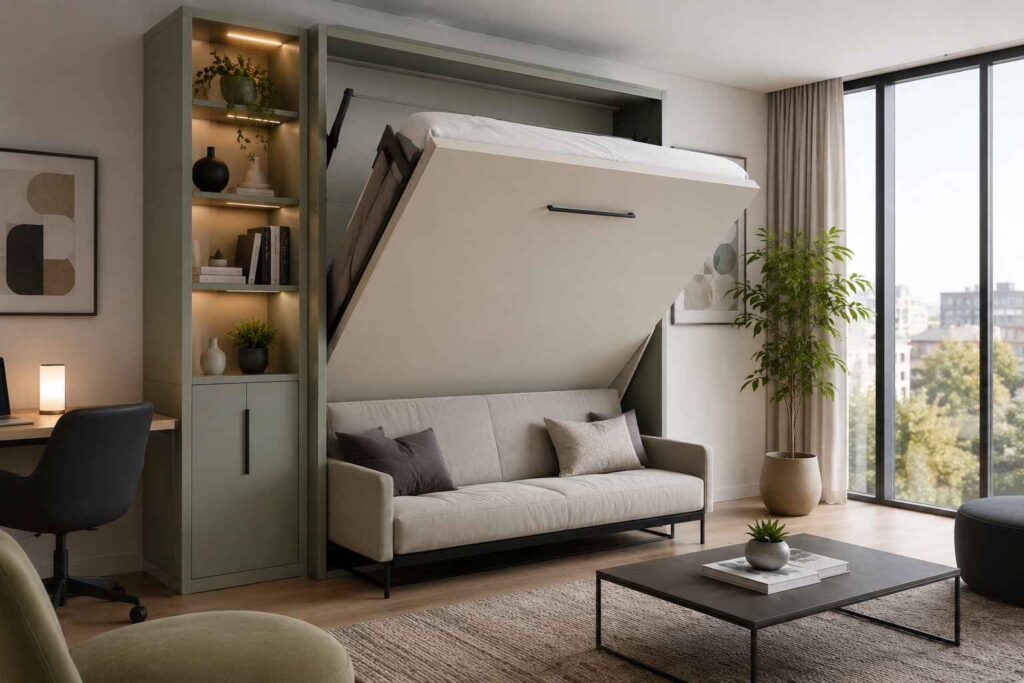 Un canapé convertible en plein déploiement révélant un lit double supérieur, illustrant l'un des principaux types de lits escamotables pour le salon.