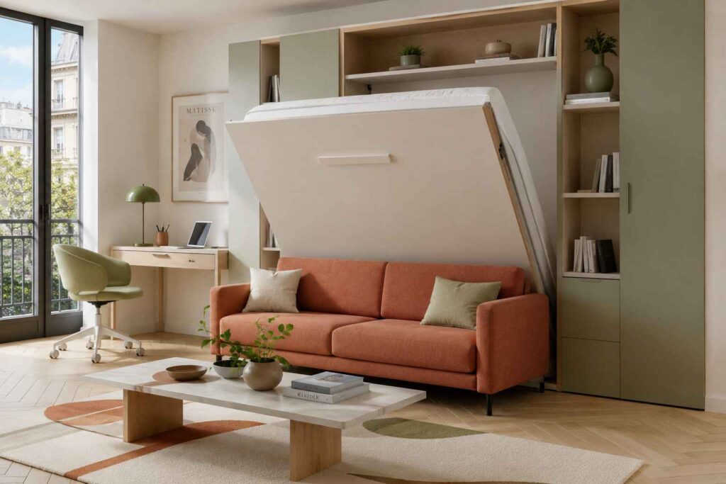 Lit escamotable avec canapé orange intégré dans un salon moderne lumineux, partiellement abaissé au-dessus de l'assise pour illustrer sa fonction de transformation.
