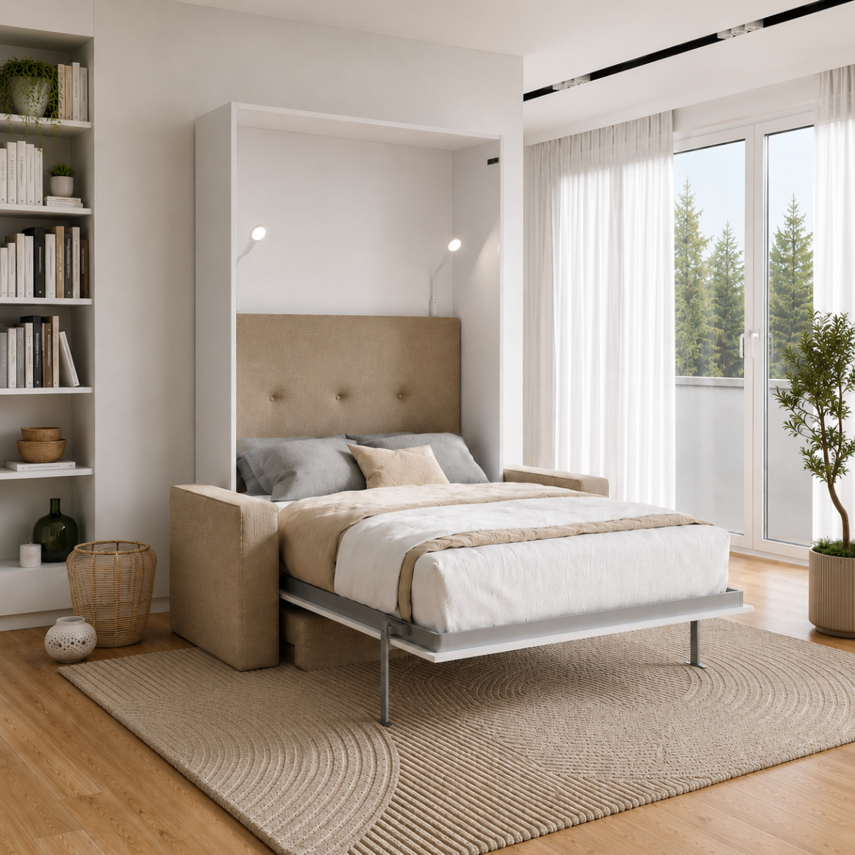 Lit escamotable avec canapé authomatique haut de gamme beige et blanc