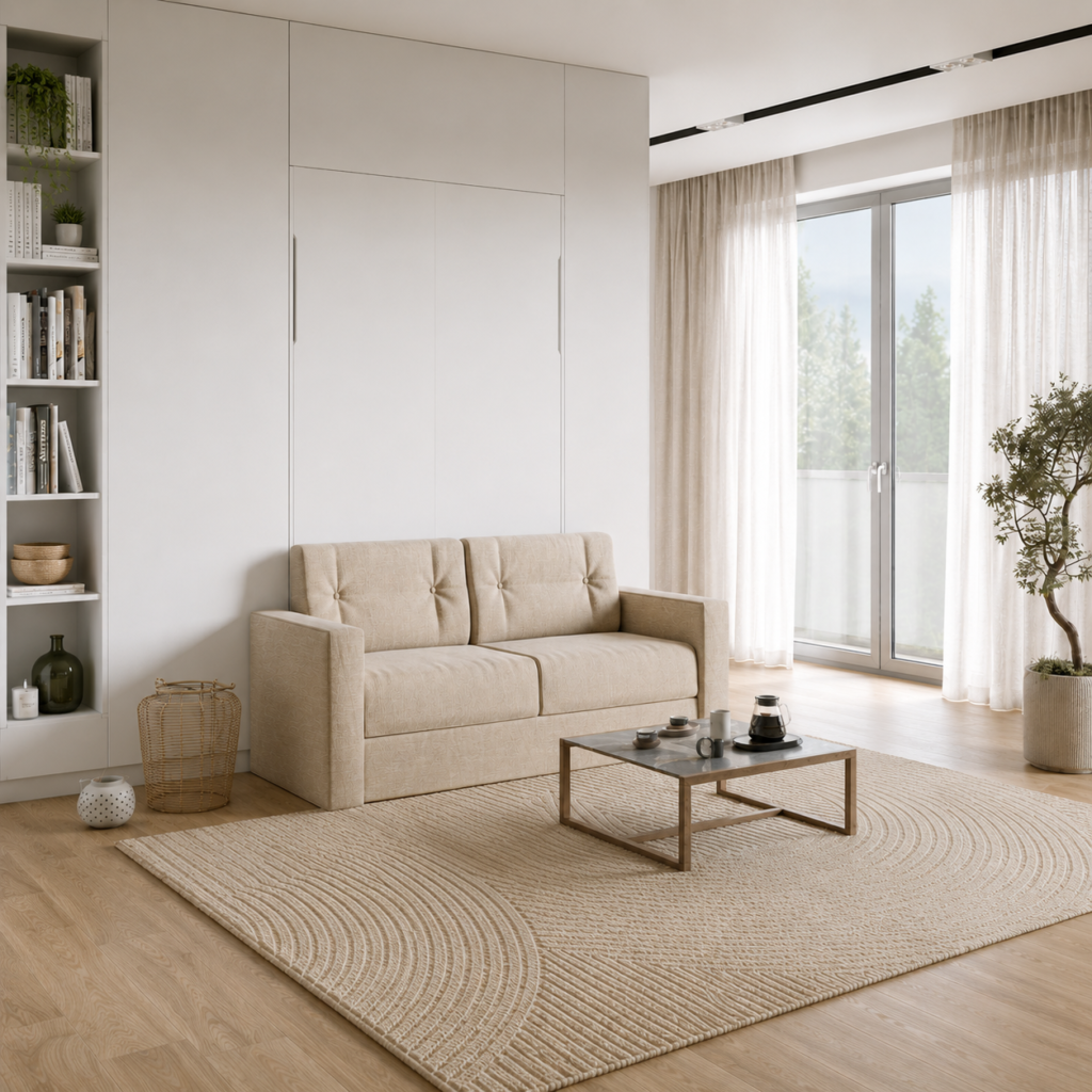 Lit escamotable avec canapé authomatique haut de gamme beige et blanc