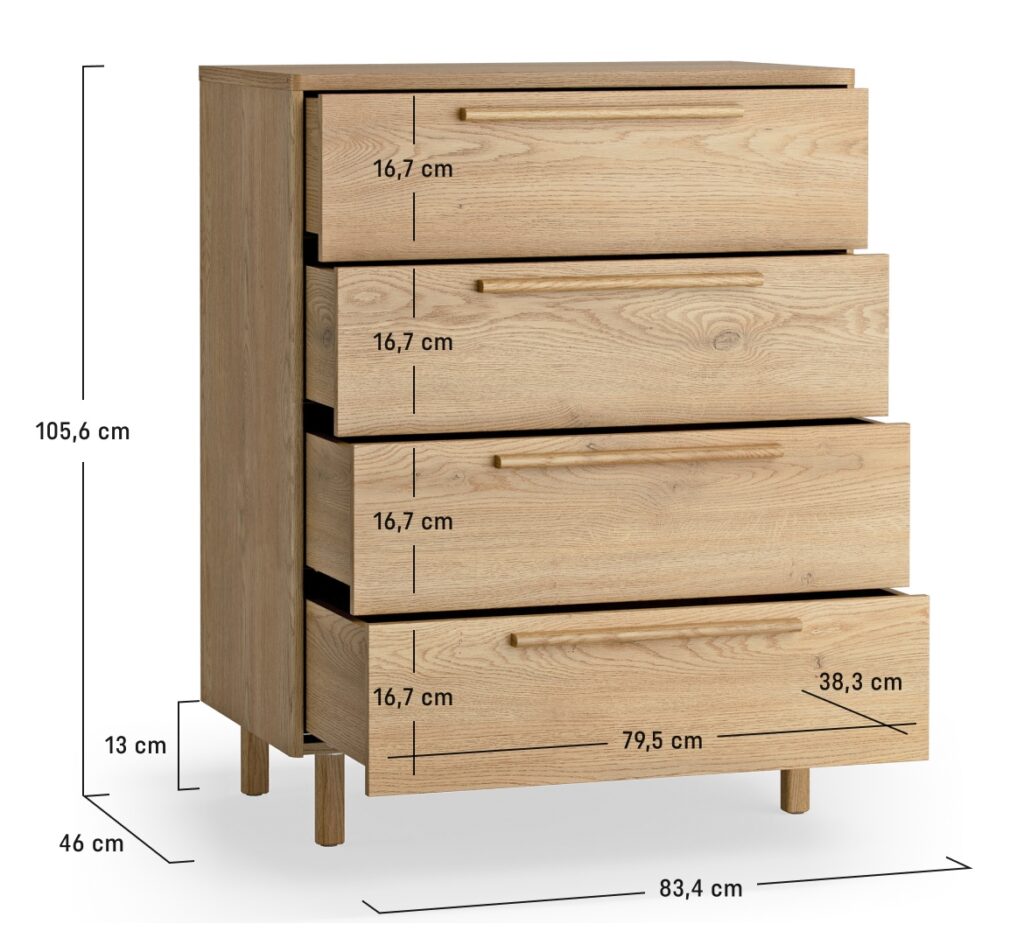 Dimensions de la commode 4 tiroirs 83 cm chêne - JADE