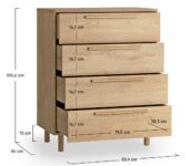 Dimensions de la commode 4 tiroirs 83 cm chêne - JADE