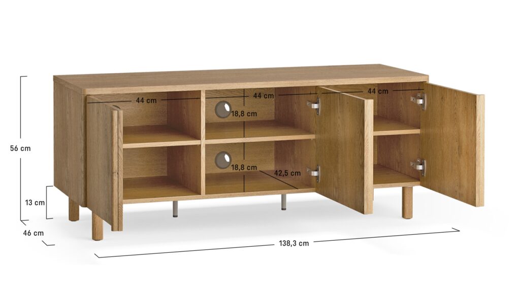 Dimensions du meuble TV 3 portes 138 cm chêne - JADE