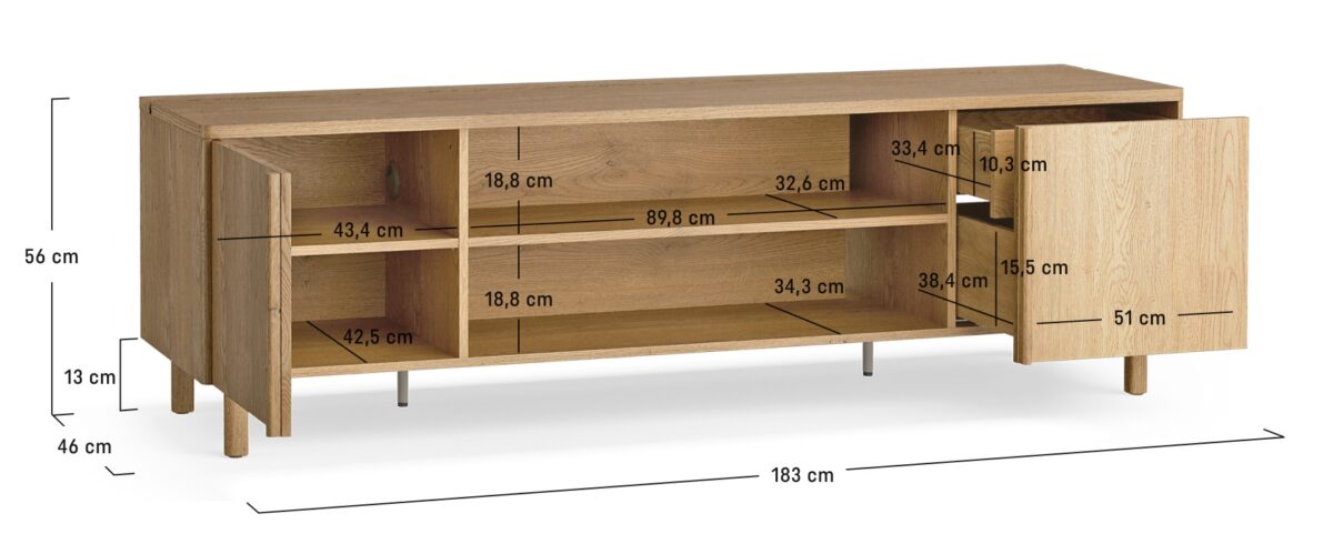 Dimensions du meuble TV 1 porte 2 tiroirs 183 cm chêne - JANE