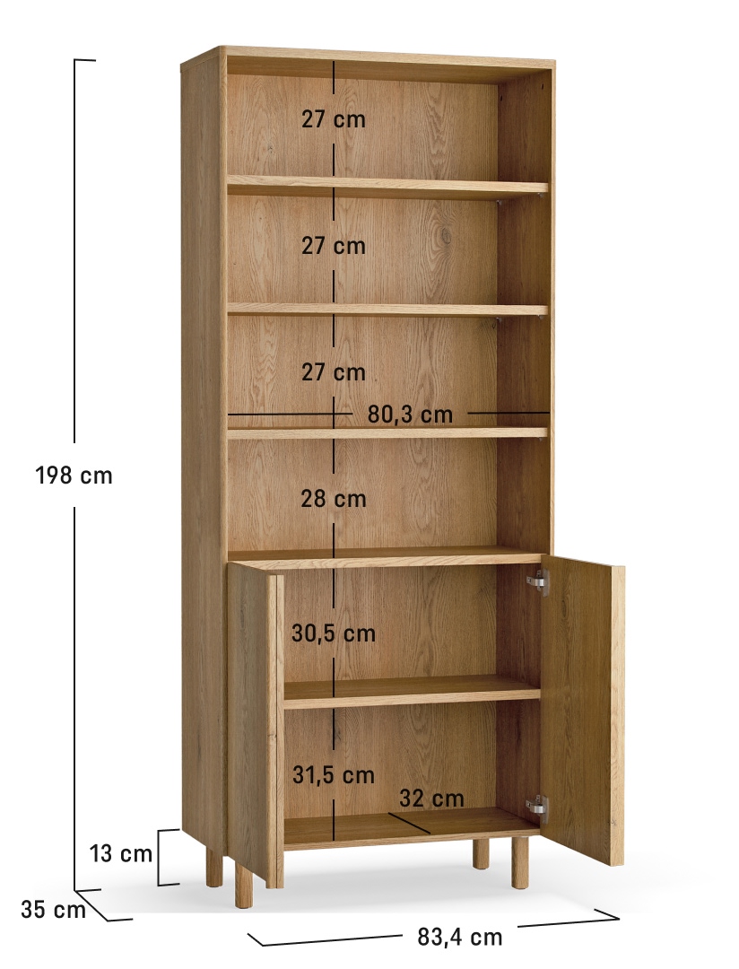 Dimensions de la bibliothèque 2 portes 6 étagères 83 cm chêne - JADE