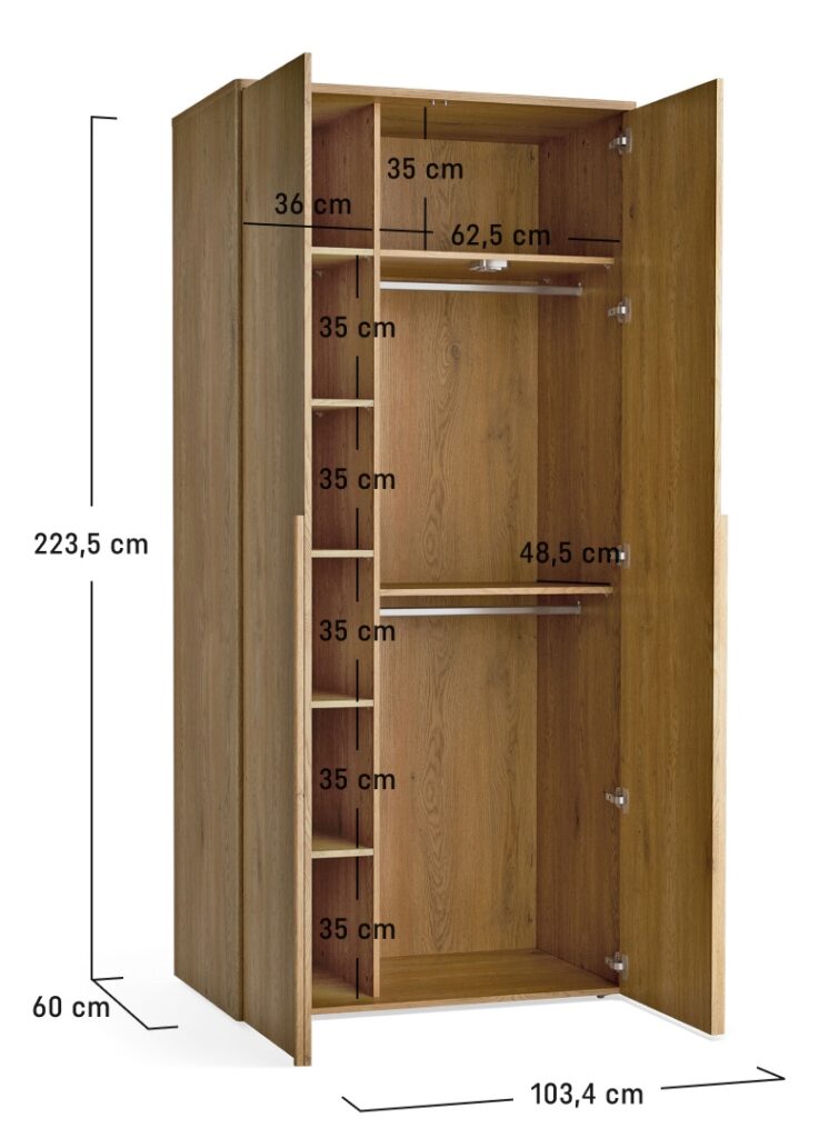 Dimensions de l'armoire 2 portes avec penderie chêne - JADE