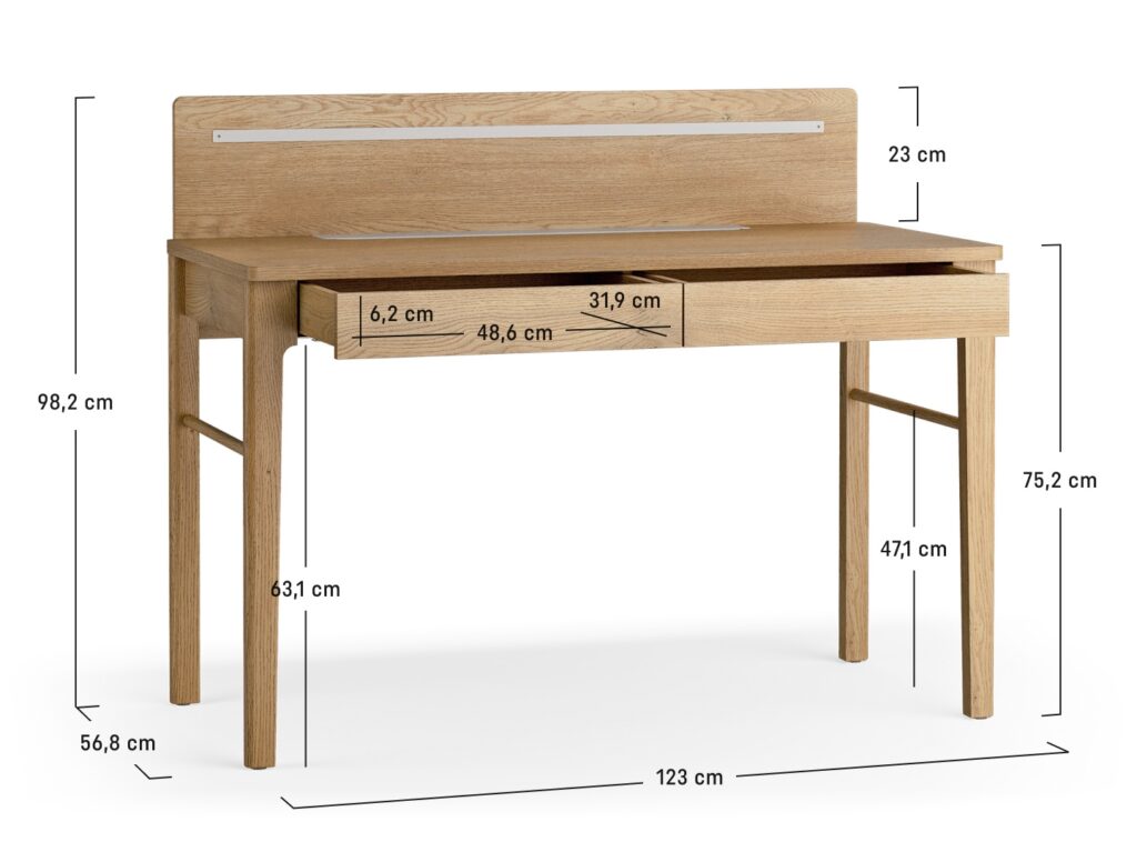 Dimensions du bureau 2 tiroirs 123 cm chêne - JADE