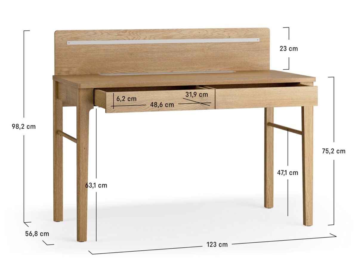 Dimensions du bureau 2 tiroirs 123 cm chêne - JADE