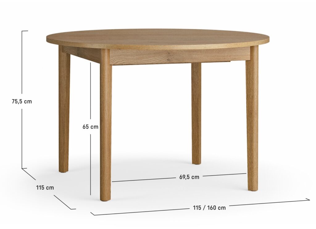 Dimensions de la table à manger ronde extensible 115-160 cm - JADE