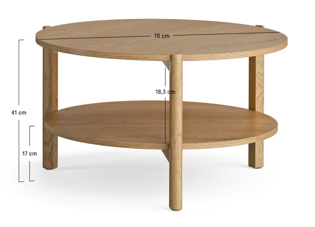 Dimensions de la table basse ronde avec étagère pivotante 70 cm - JADE
