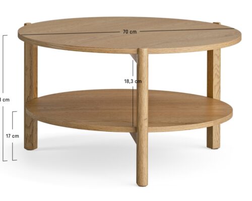 Dimensions de la table basse ronde avec étagère pivotante 70 cm - JADE