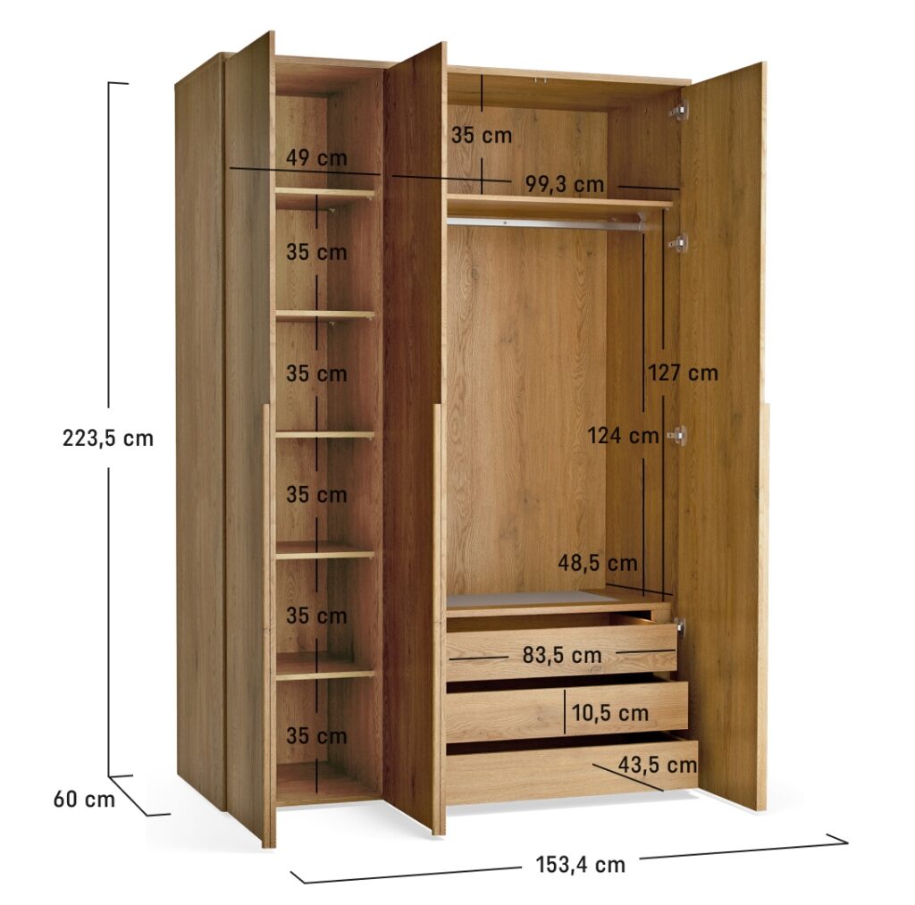 Dimensions de l'armoire 3 portes 3 tiroirs chêne - JADE
