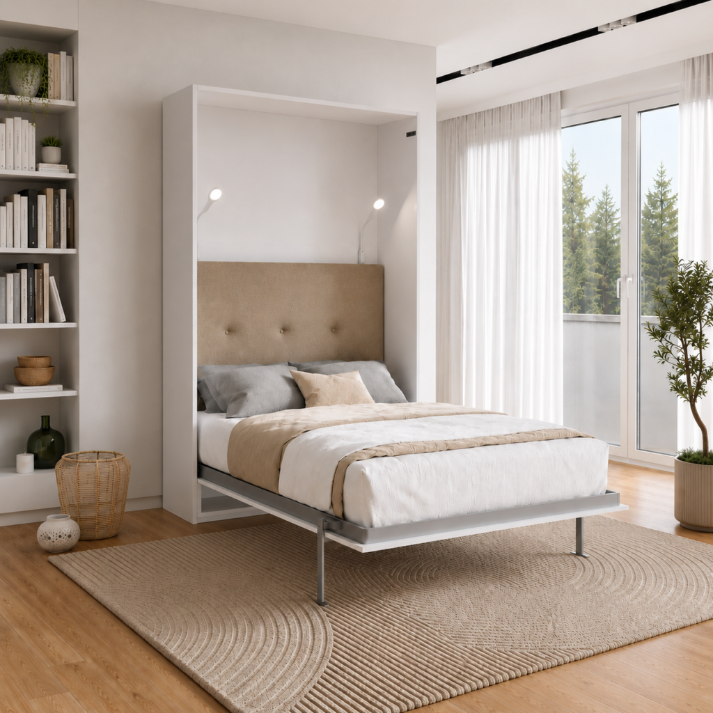 Lit escamotable haut de gamme avec tete de lit beige KAMAZZA